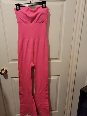 Strapless Pink Jumpsuit - Fitted Waist, Flared Leg